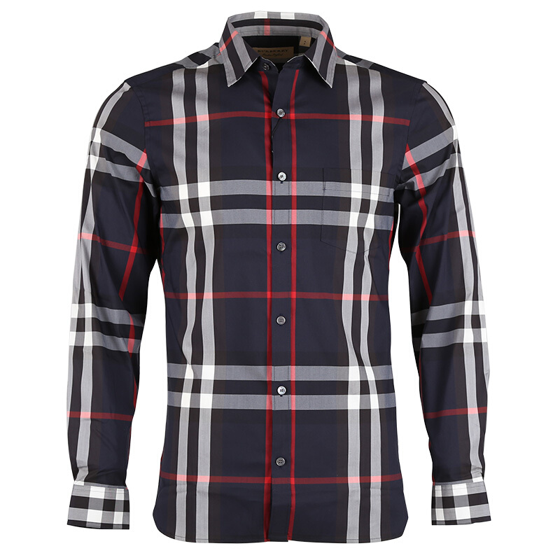 BURBERRY男士棉质藏蓝色格纹长袖衬衫4006731